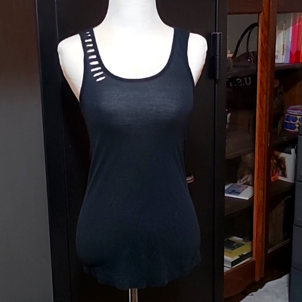BCBG mesh tank top with cut-outs over one shoulder